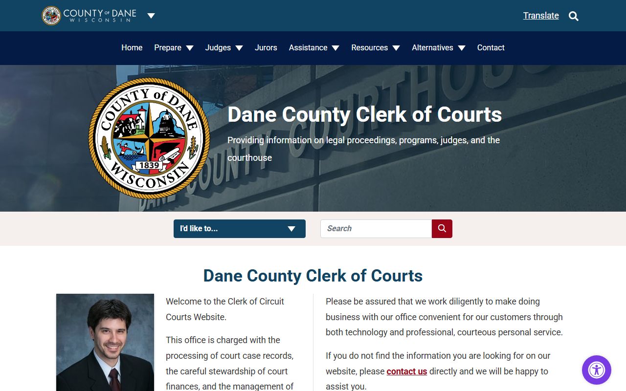 Dane County Court Records Clerk of Courts homepage navigation
