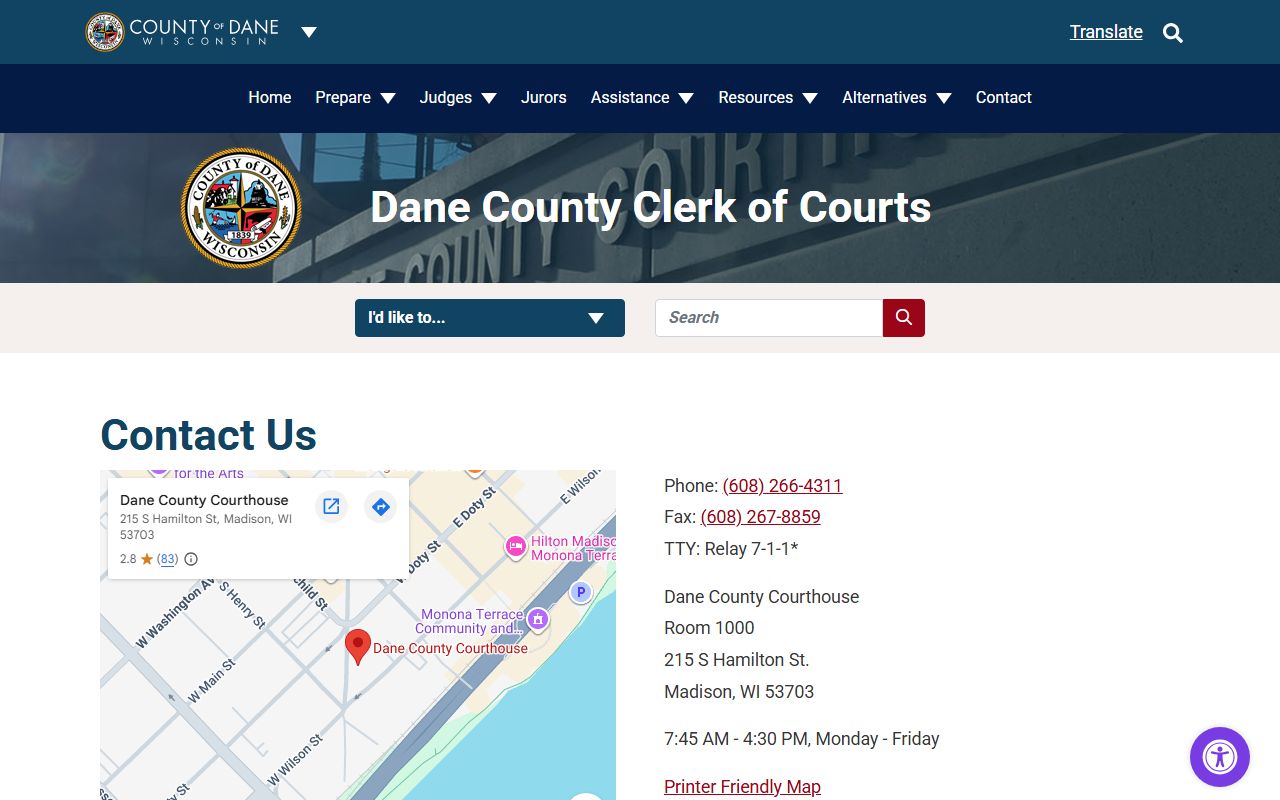 Dane County Court Records courthouse address, hours, and contact details