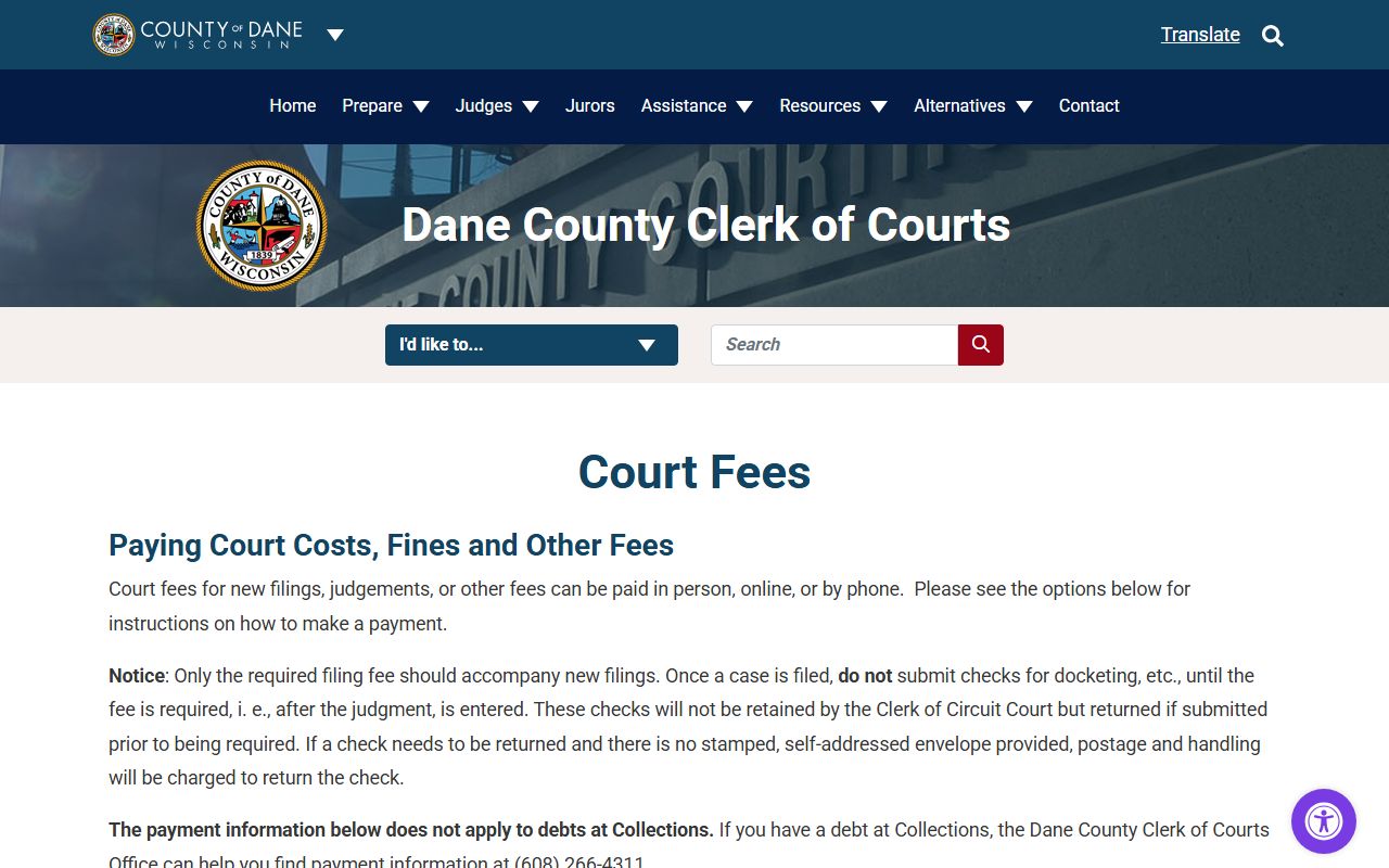 Dane County Clerk of Circuit Court payment options and court fees page