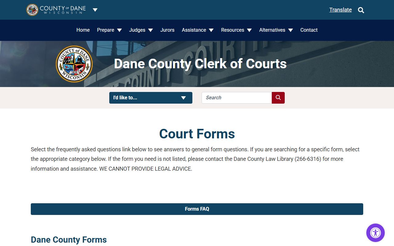 Dane County Court Records court forms categories by case type