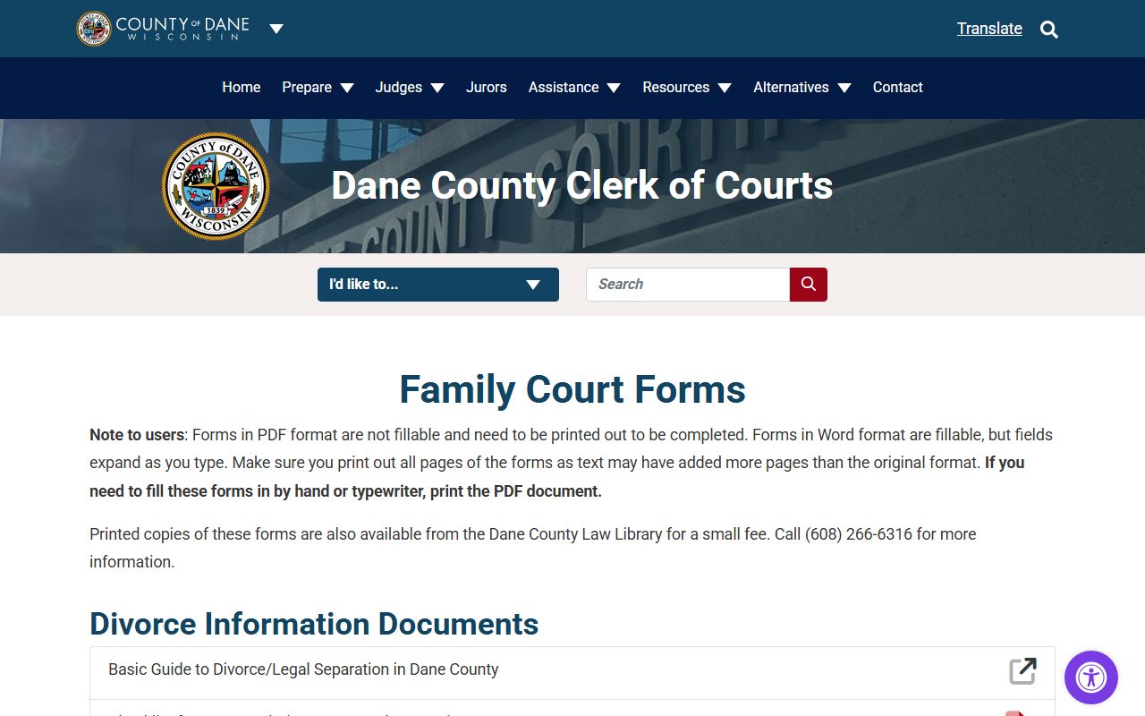 Dane County divorce records family court forms page