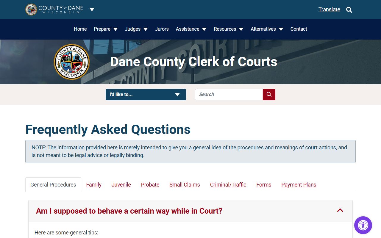 Dane County Clerk of Circuit Court FAQ page on records and forms