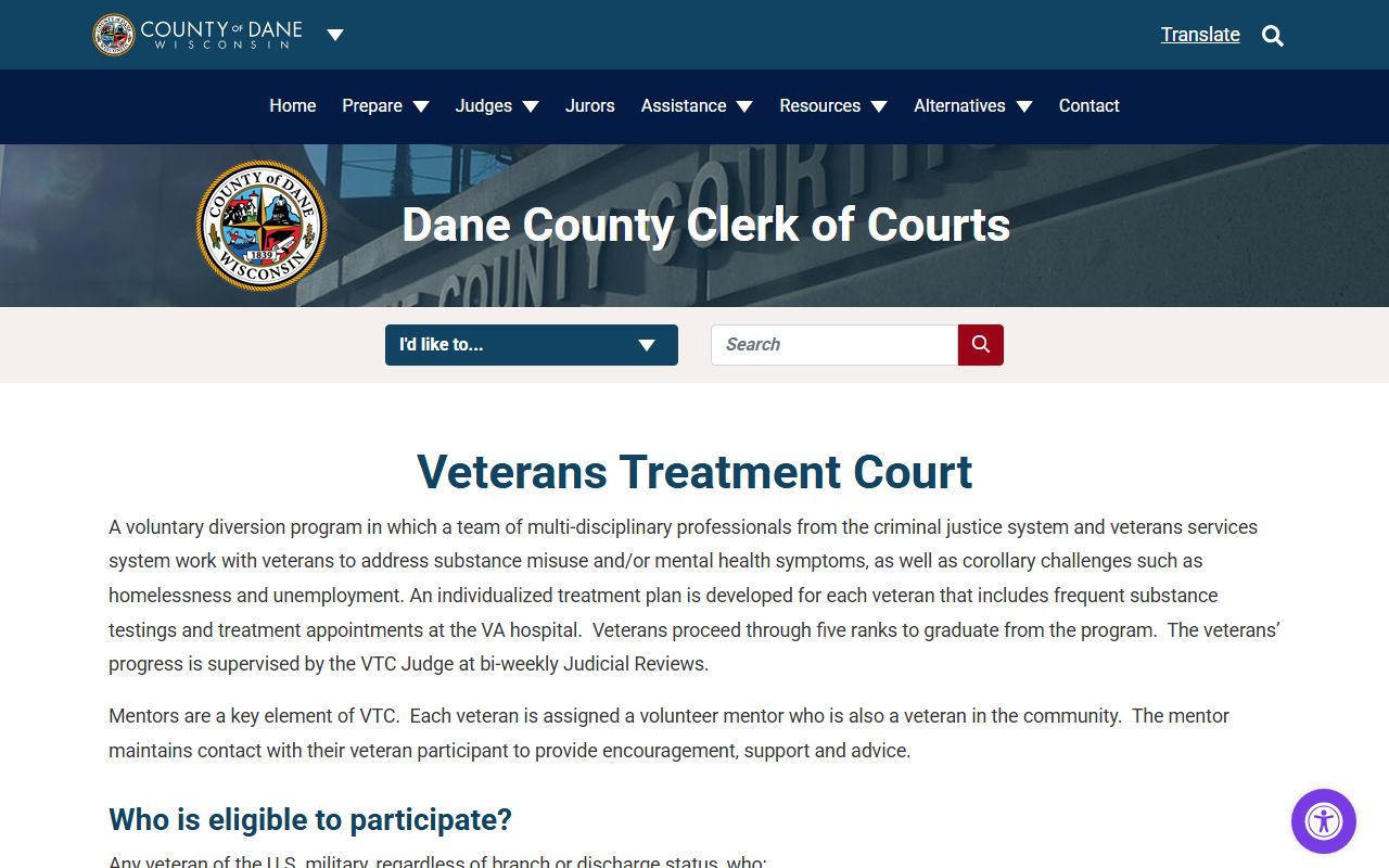 Dane County Court Records Veterans Treatment Court program page