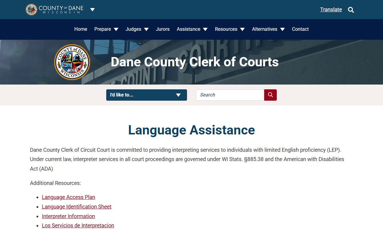 Dane County court records language assistance and interpreter page