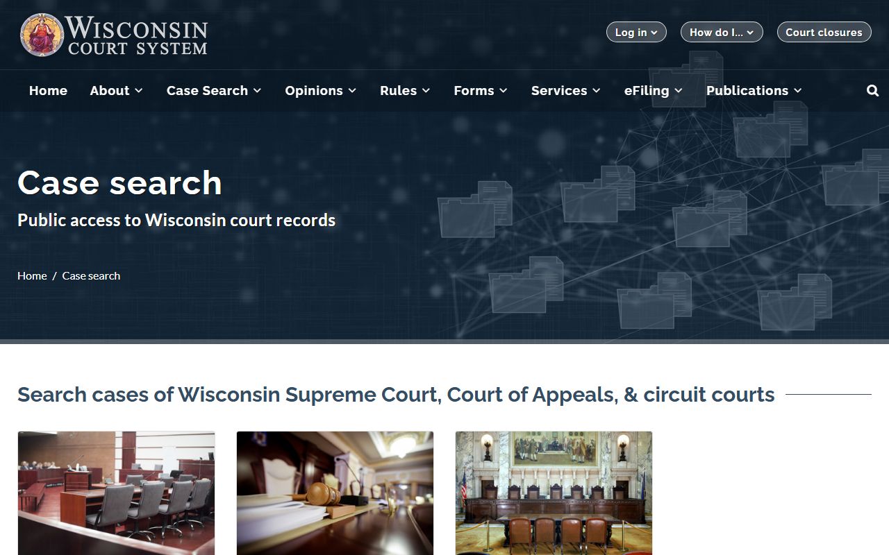 Dane County court dockets case search landing page for Wisconsin courts