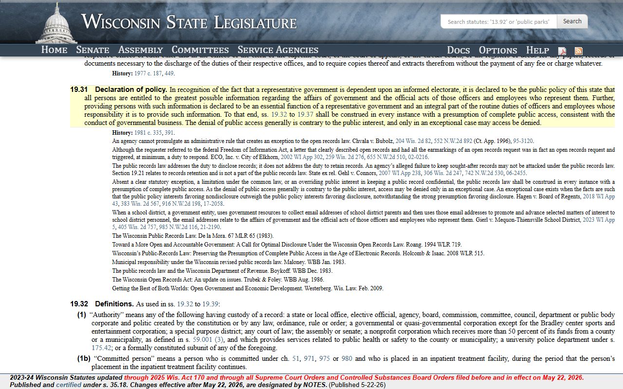 Dane County public records open records policy statute text