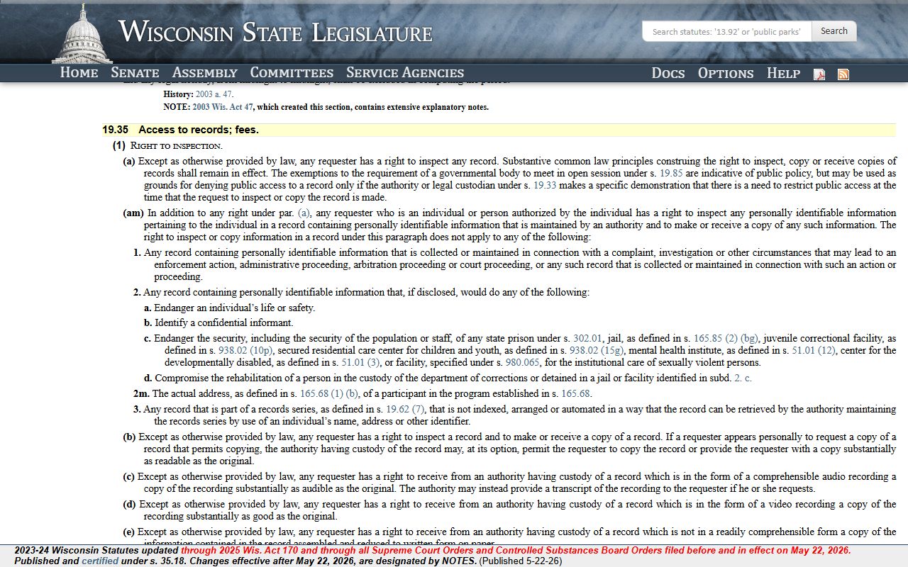 Dane County public records access and fee statute text