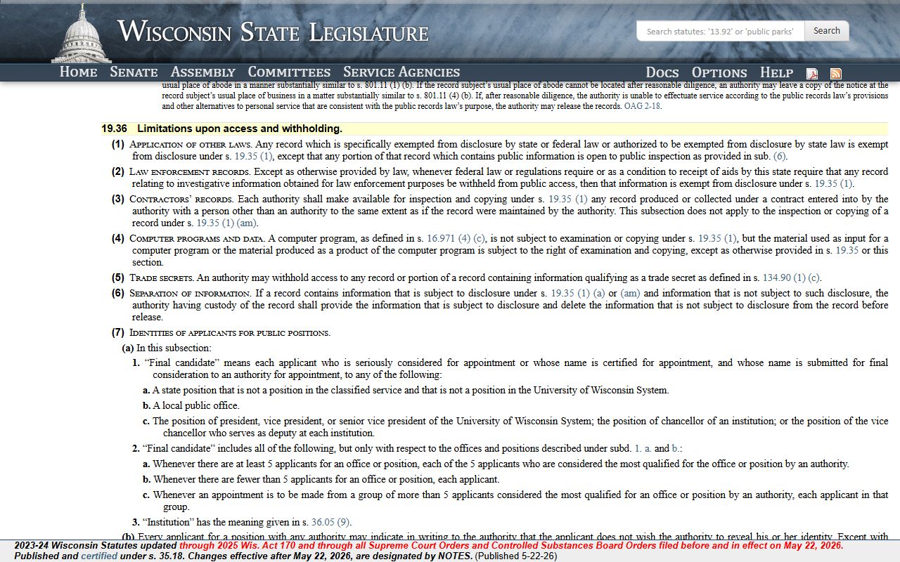 Dane County public records access limitations statute text