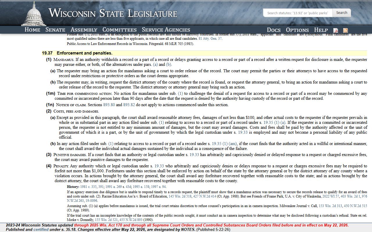 Dane County public records enforcement and mandamus statute text