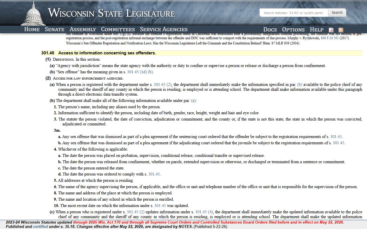 Dane County arrest records sex offender registration statute text