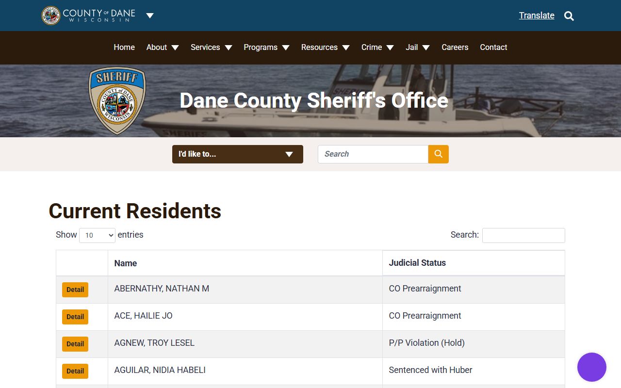 Dane County inmate records current resident jail roster table