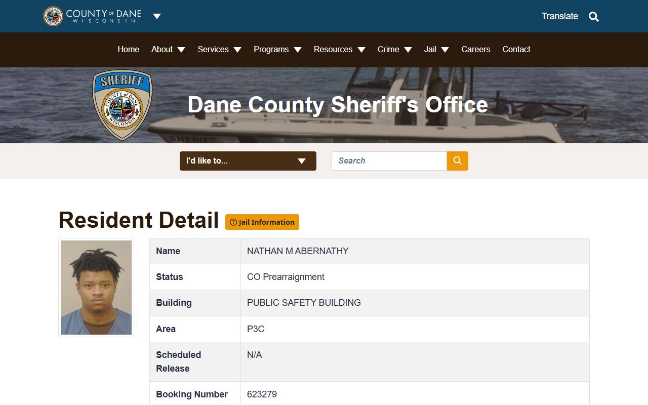 Dane County inmate records sample resident detail field layout