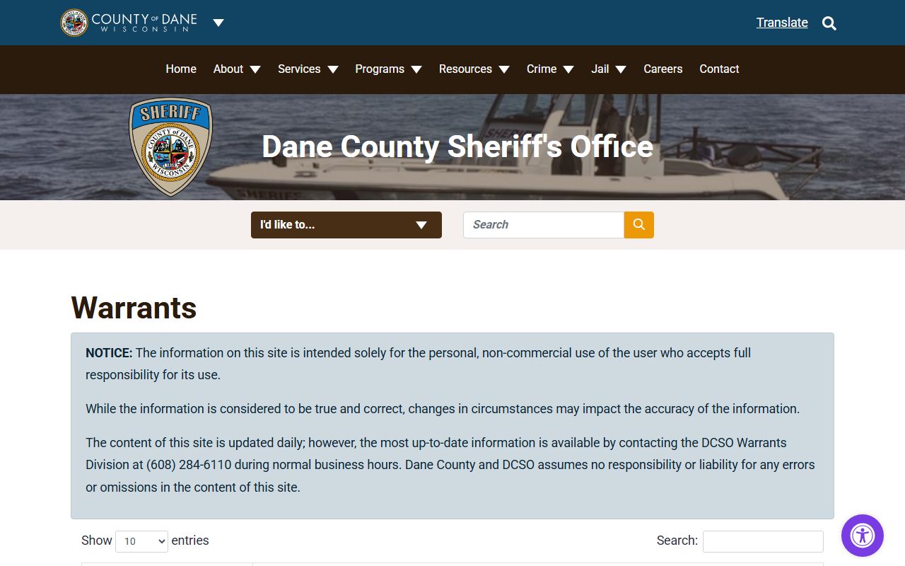 Dane County warrant search active warrants page and daily-update notice