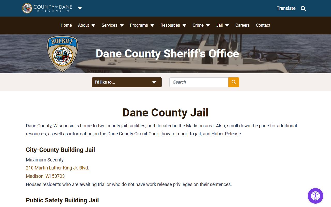 Dane County inmate records jail facility information page