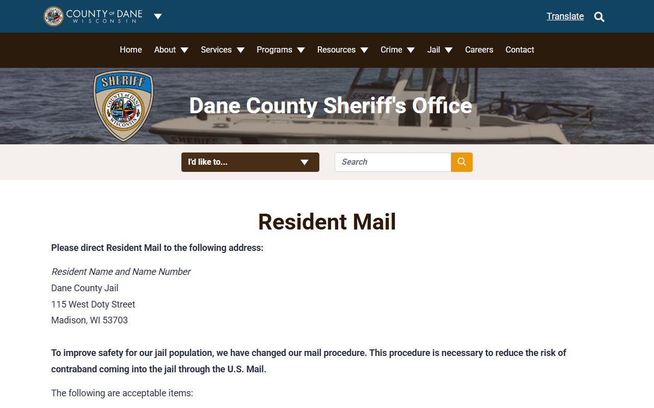 Dane County inmate records jail mail rules and address format
