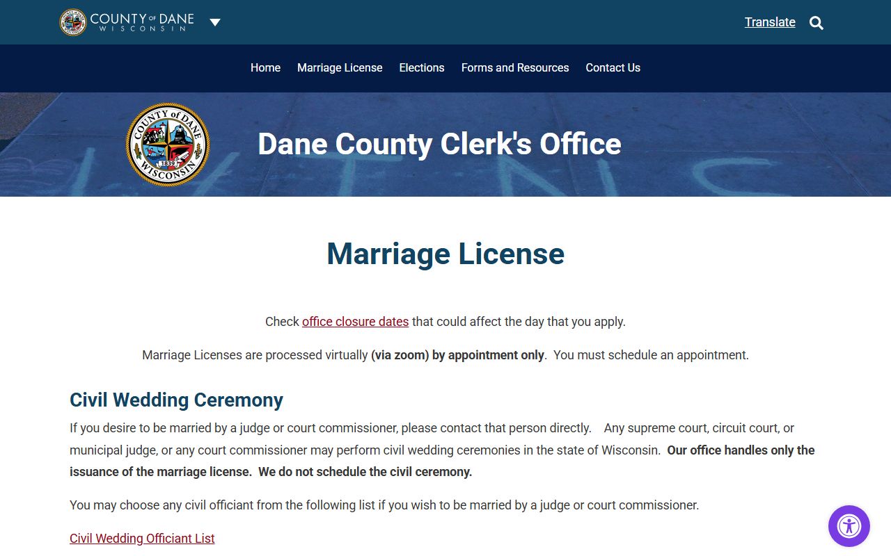 Dane County County Clerk marriage license process and requirements page