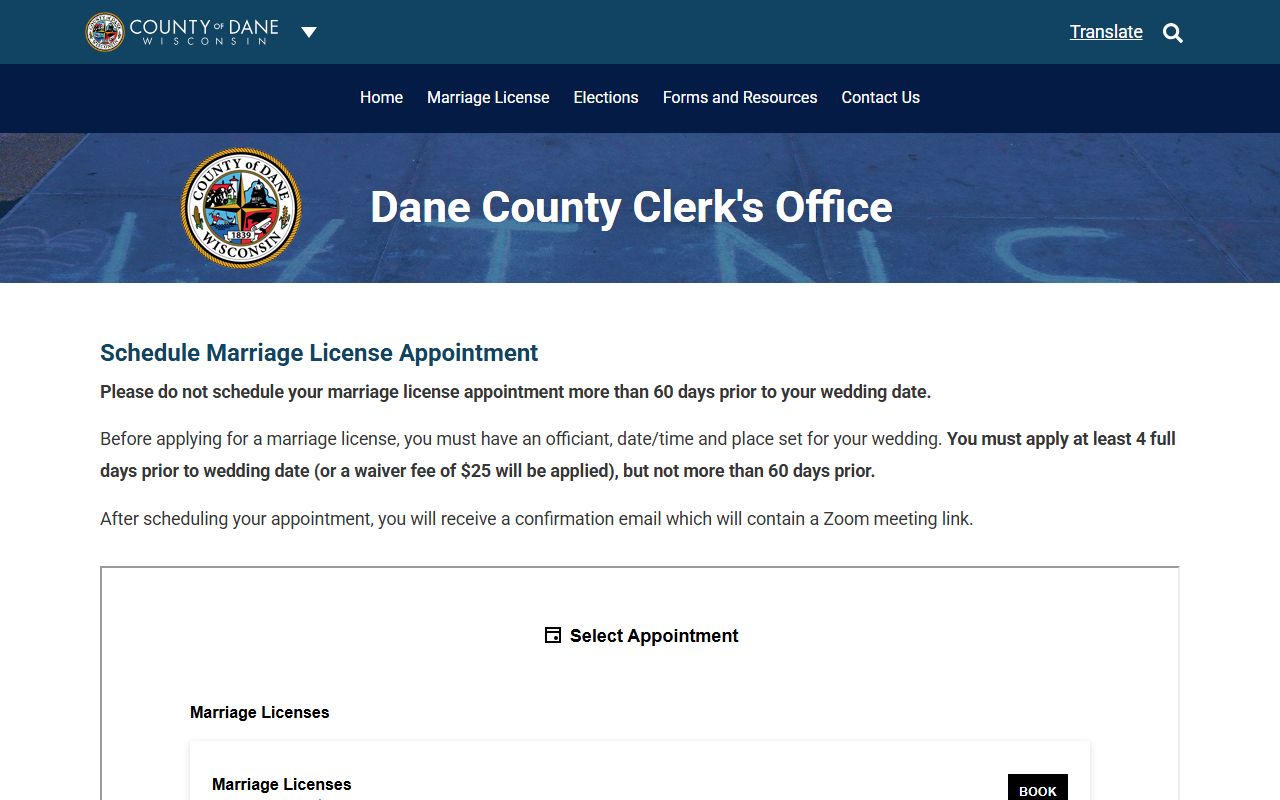 Dane County marriage records license appointment scheduler
