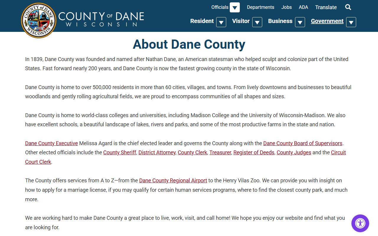 Dane County Court Records county about page with history and population