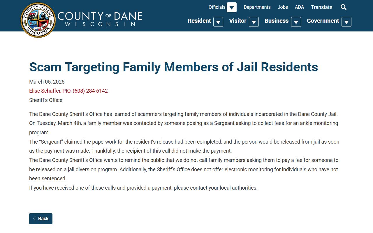 Dane County released inmates Sheriff scam warning press release