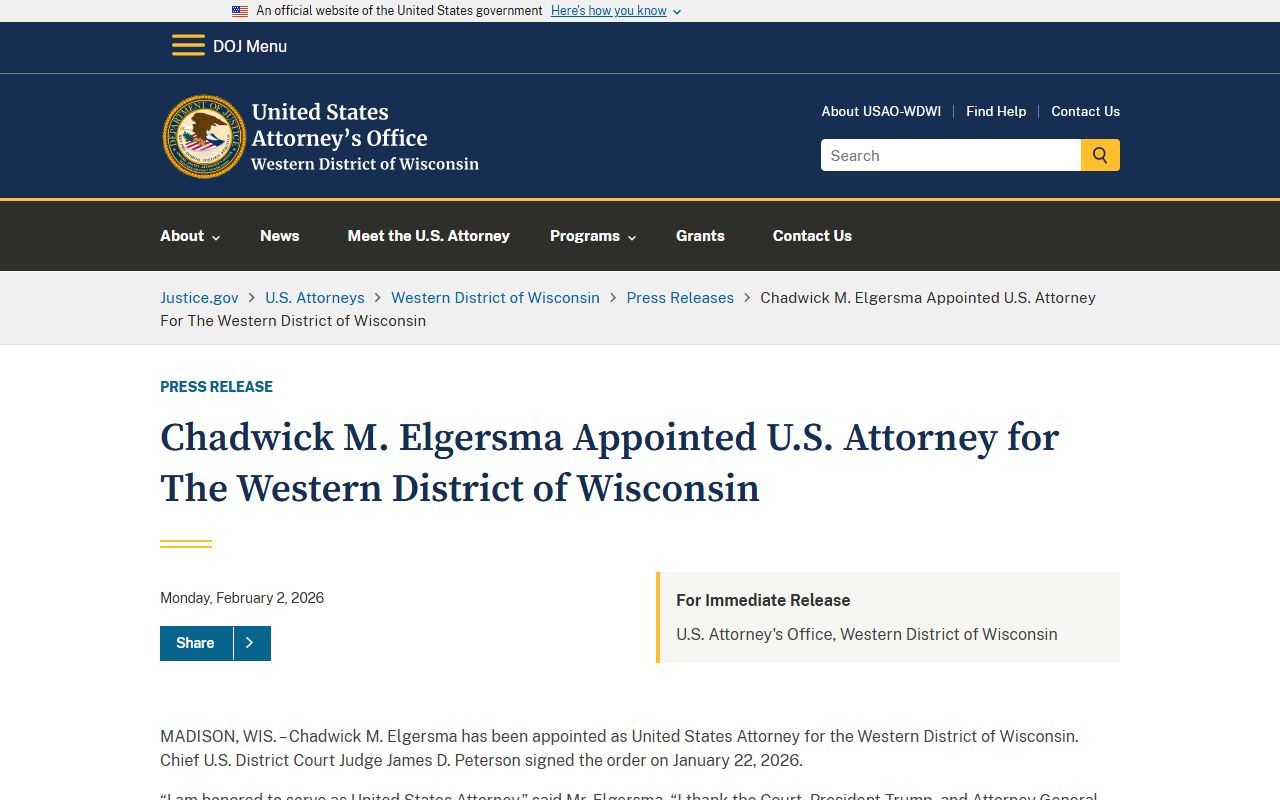 Dane County Circuit Court U.S. Attorney appointment announcement